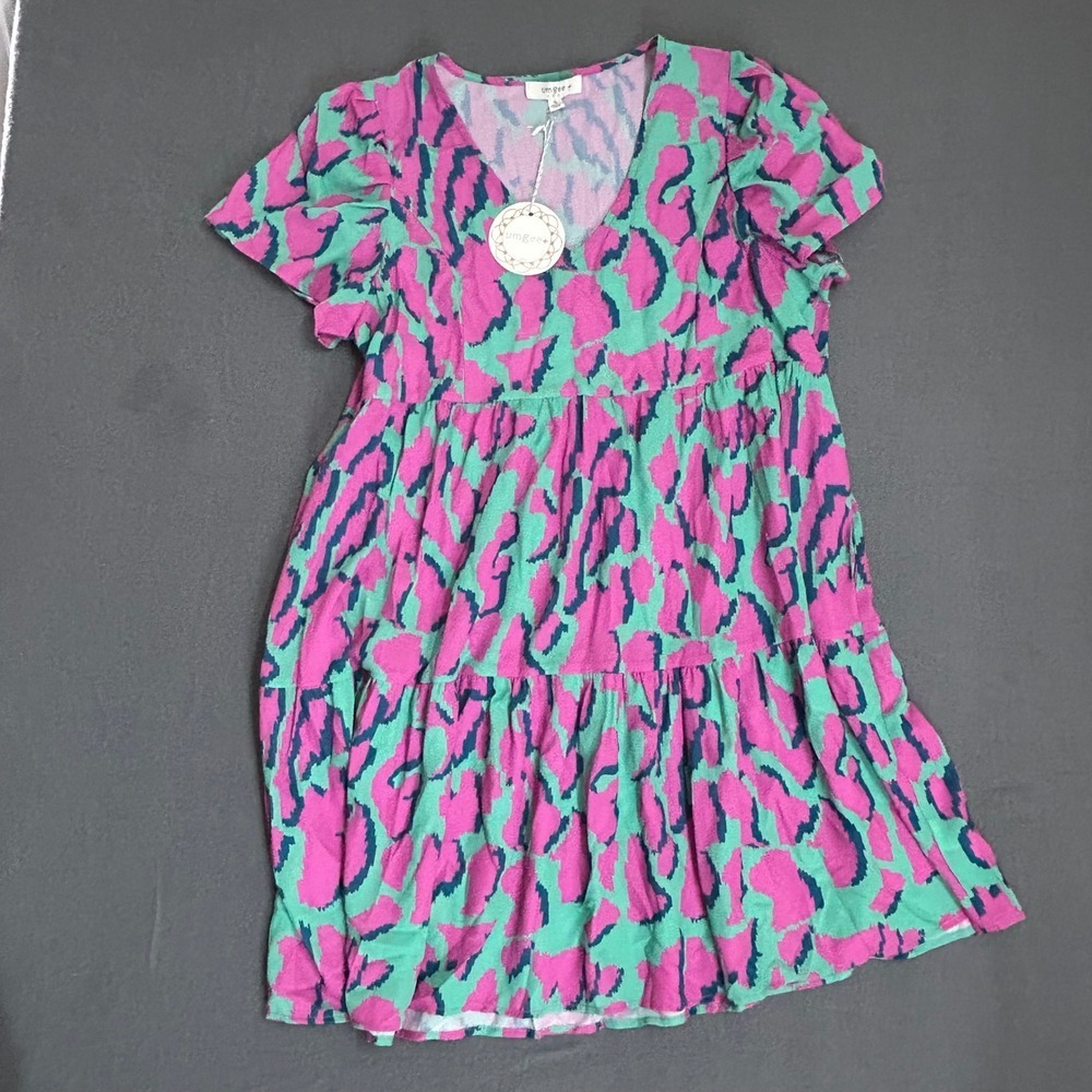 Umgee Babydoll Dress Womens XL Pink Green NWT Animal Print Tiered V-Neck WA0889